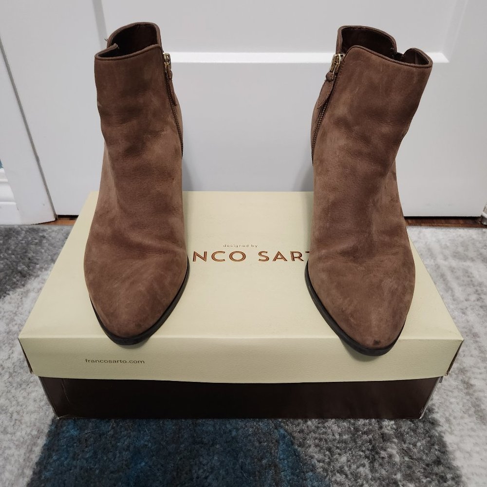 Franco Sarto Appeal Brown Leather Block Heel Side Zipper Ankle Boots